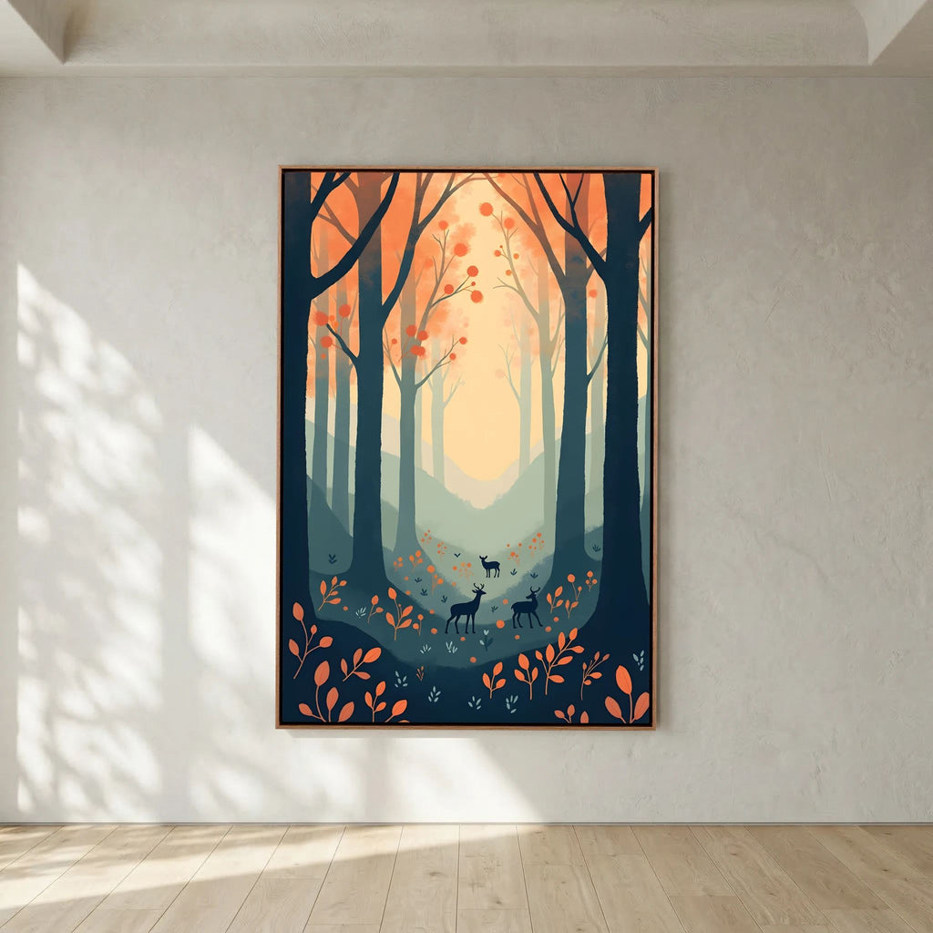 Forest Scene Mysterious Canvas Wall Art featuring dark silhouetted trees with orange leaves and deer in a misty woodland setting