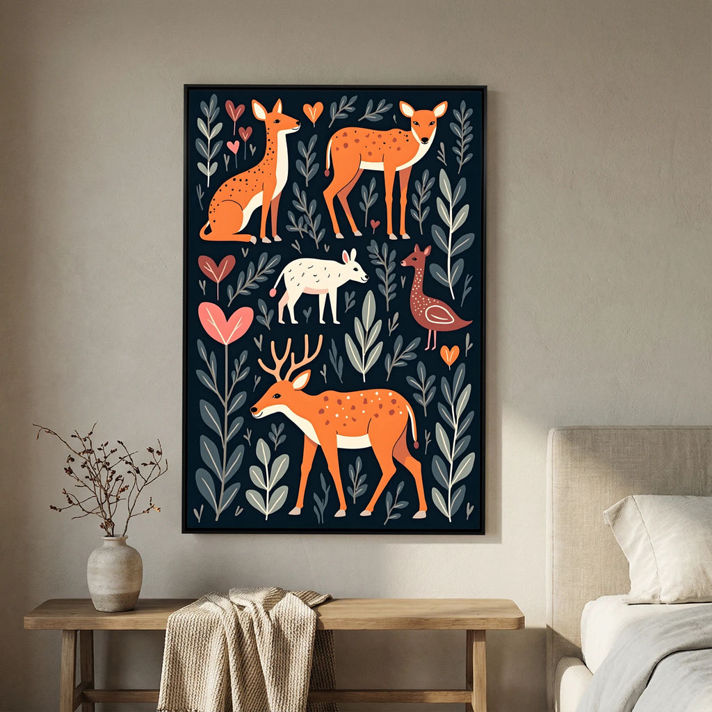 Forest Scene with Hearts Wall Canvas featuring orange and white woodland animals with heart and leaf patterns on a dark background