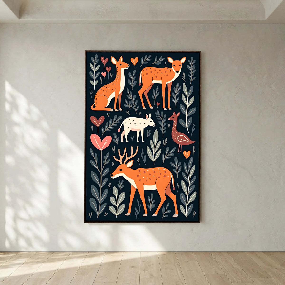 Forest Scene with Hearts Wall Canvas featuring stylized orange and white deer with heart shapes and leafy plants on a dark background