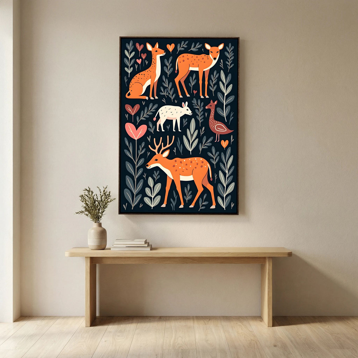 Forest Scene with Hearts Wall Canvas featuring orange and white stylized forest animals, green leafy branches, and pink heart shapes on a dark background