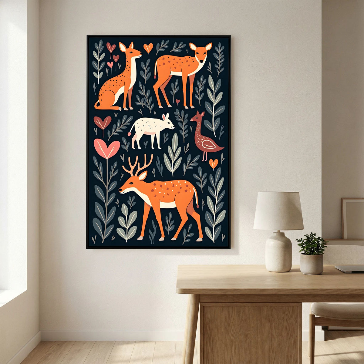 Forest Scene with Hearts Wall Canvas featuring illustrated orange and white deer, birds, and heart shapes on a dark blue background with leafy patterns