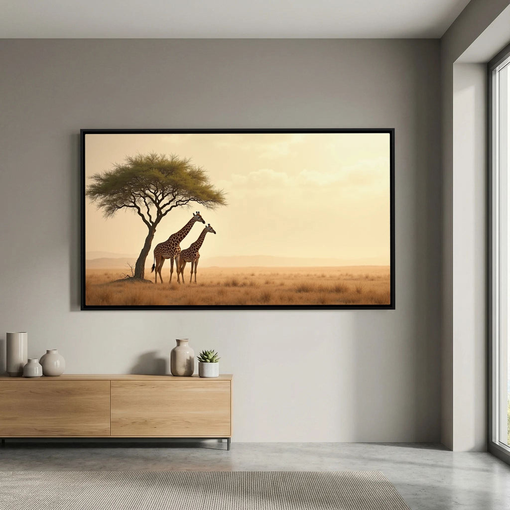 Canvas wall art featuring a pair of giraffes standing under a single acacia tree in a hazy, golden-toned African savanna with muted grasslands, titled Giraffe In The Plains