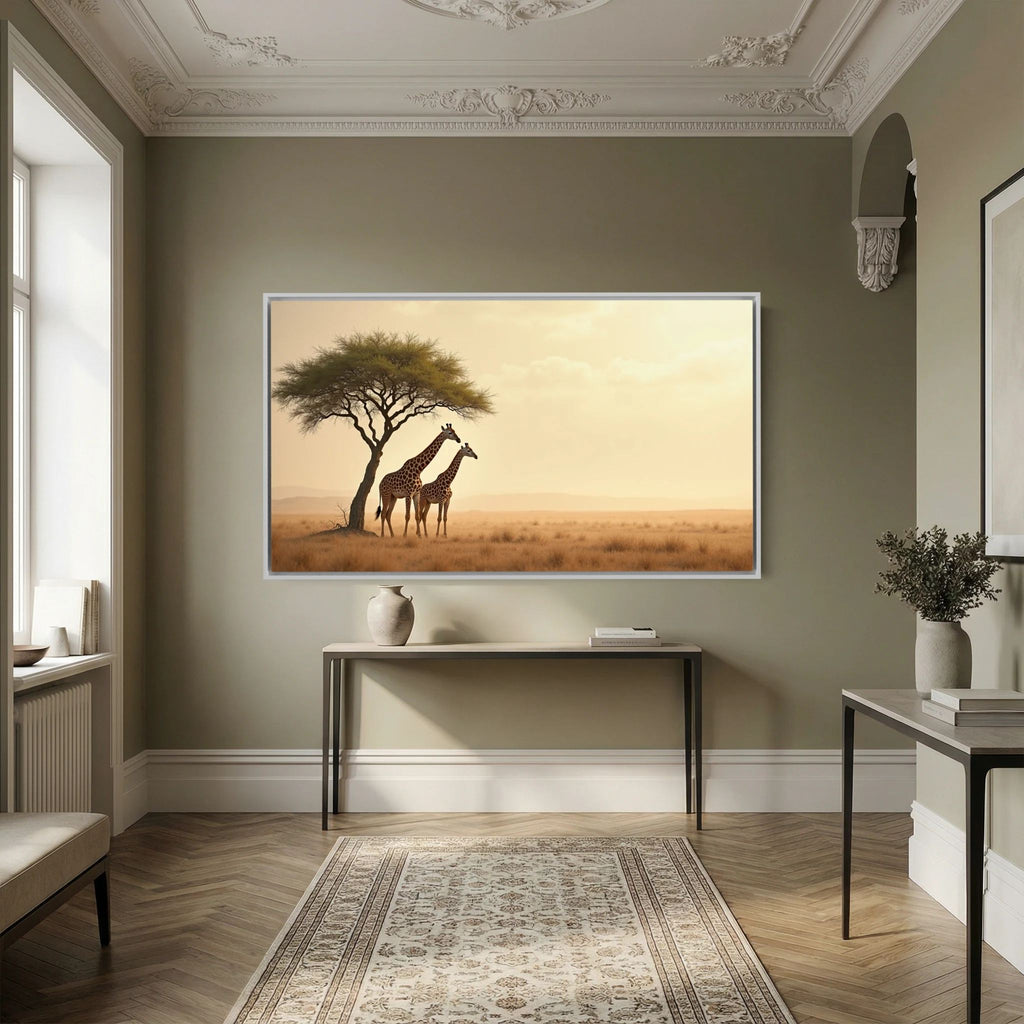 Canvas wall art featuring two giraffes standing under a solitary tree in a warm, hazy plain landscape titled Giraffe In The Plains