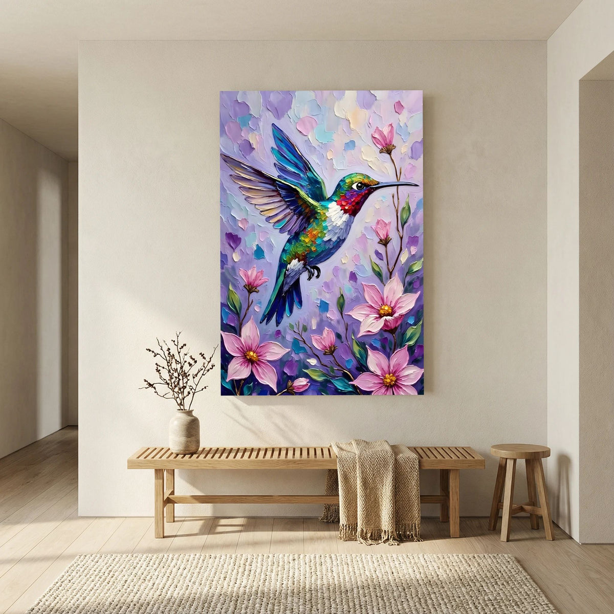 HummingBird Abstract Wall Art depicting a colorful hummingbird in oil-style abstraction surrounded by pink flowers on a purple background