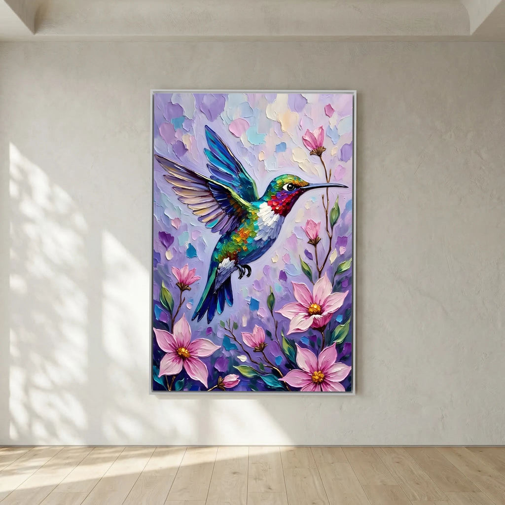 HummingBird Abstract Wall Art depicting a colorful hummingbird with vibrant green, blue, red, and white feathers hovering near pink flowers on a textured purple background