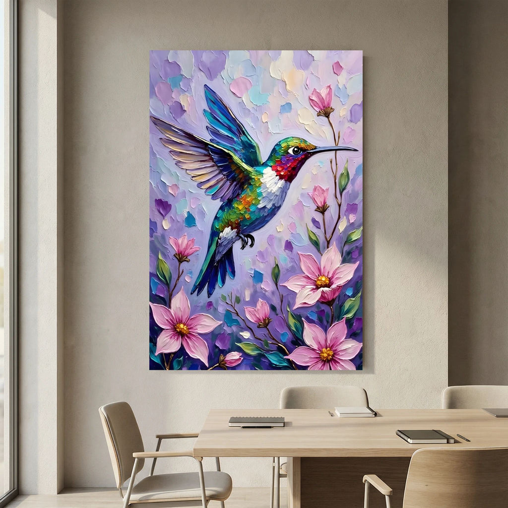 HummingBird Abstract Wall Art featuring a colorful hummingbird with blue, green, and red tones among pink flowers on a textured purple background