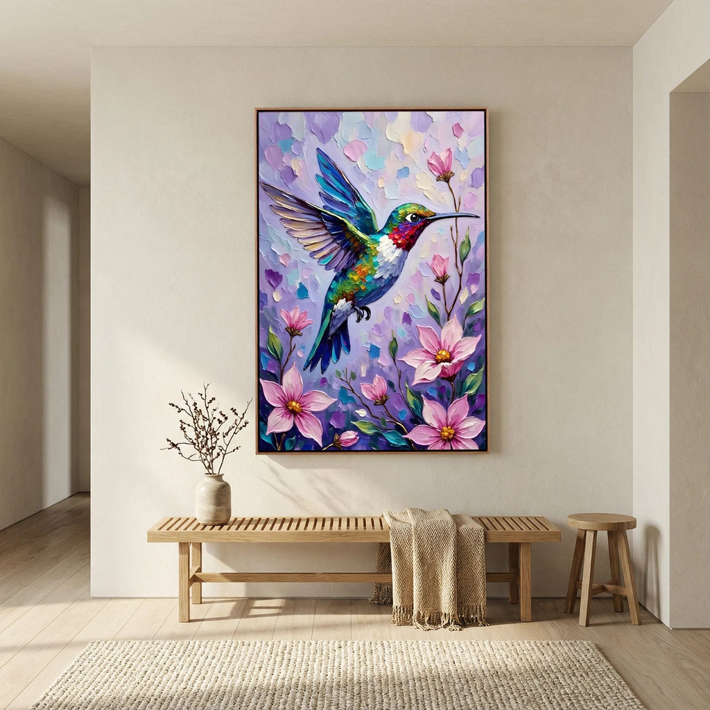HummingBird Abstract Wall Art featuring a vibrant multicolored hummingbird with purple and pink flowers on a soft purple background