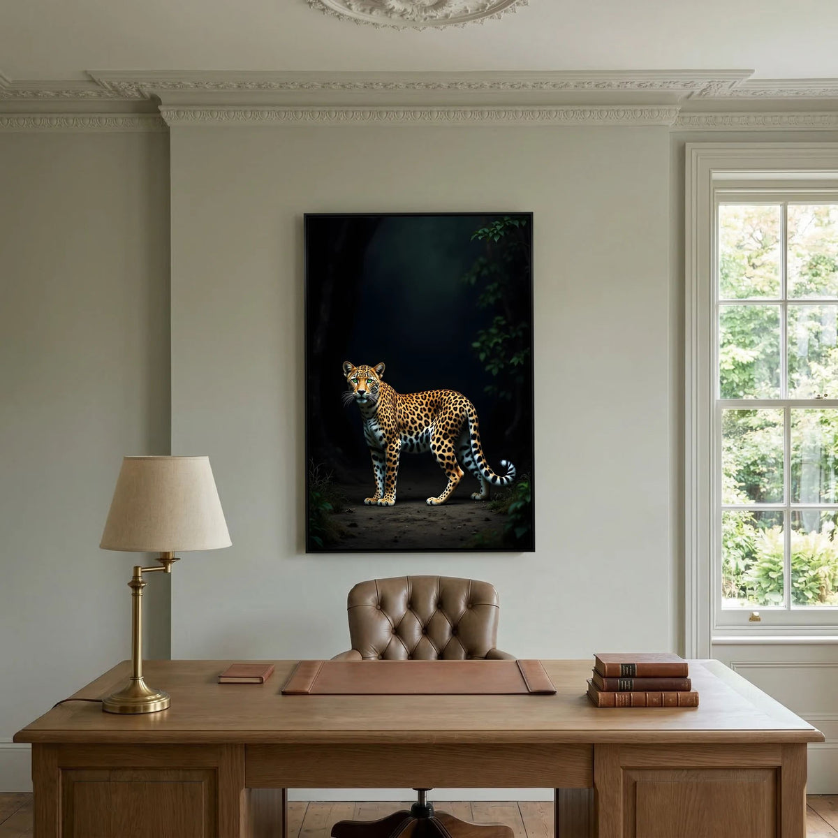 Leopard Canvas Wall Art featuring a realistic leopard in a dark forest setting on a matte finish canvas hung above a wooden desk with a leather chair