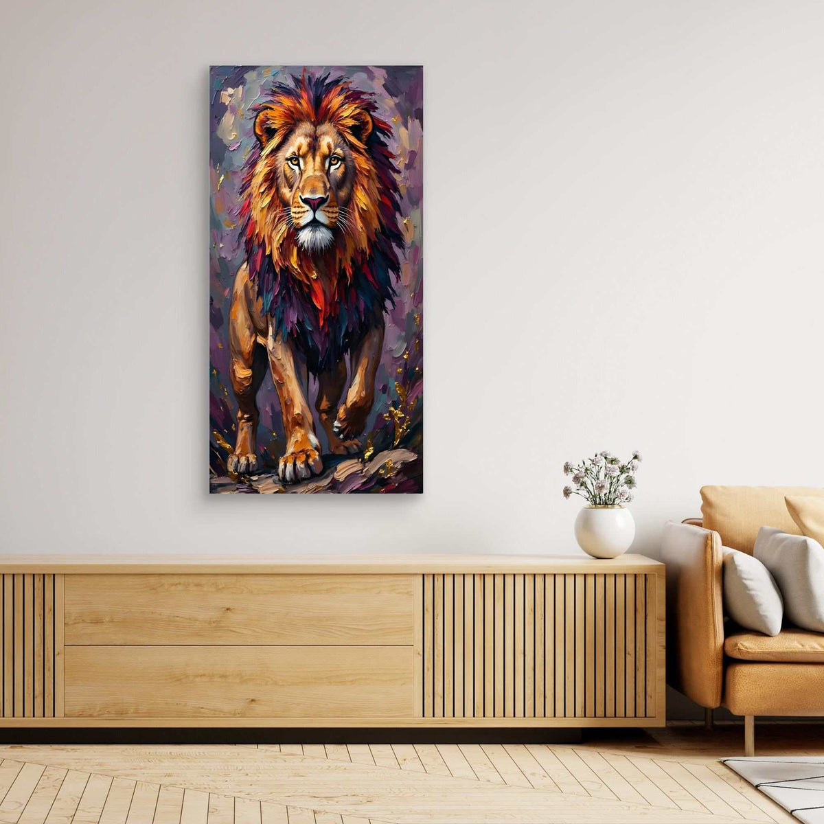 Lion Proud Oil Style canvas wall art depicting a majestic lion in rich ochre, amber, and dark purple oil paint tones