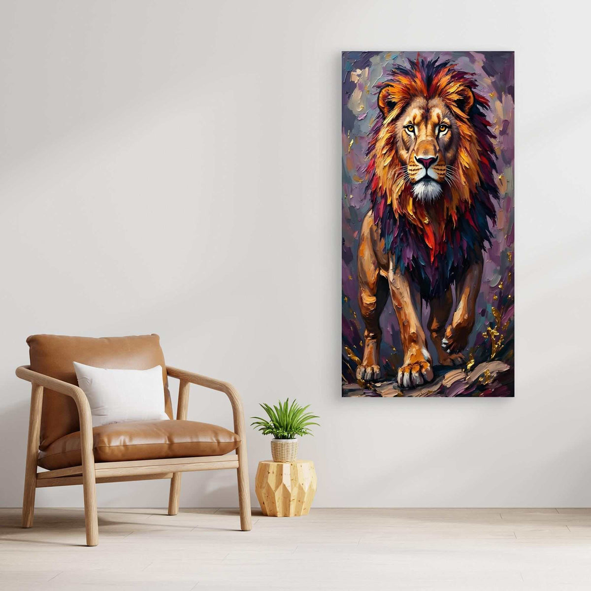 Lion Proud Oil Style canvas wall art featuring a vivid lion portrait painted with bold warm and dark tones on poly-cotton canvas