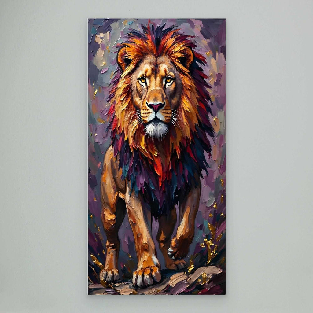 Lion Proud Oil Style canvas wall art featuring a vibrant lion portrait with a multicolored mane in warm and cool tones