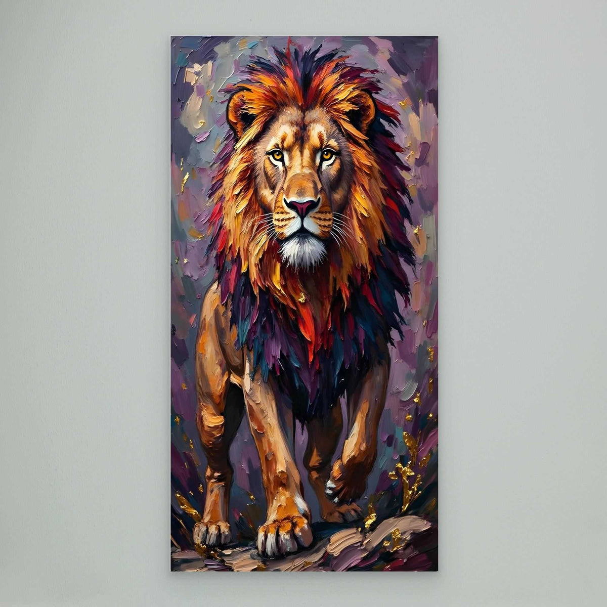 Lion Proud Oil Style canvas wall art featuring a vibrant lion portrait with a multicolored mane in warm and cool tones