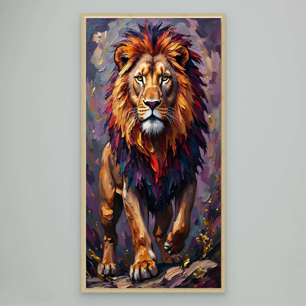 Lion Proud Oil Style canvas wall art featuring a vibrant lion portrait with warm ochre, amber, and deep purple brushstrokes