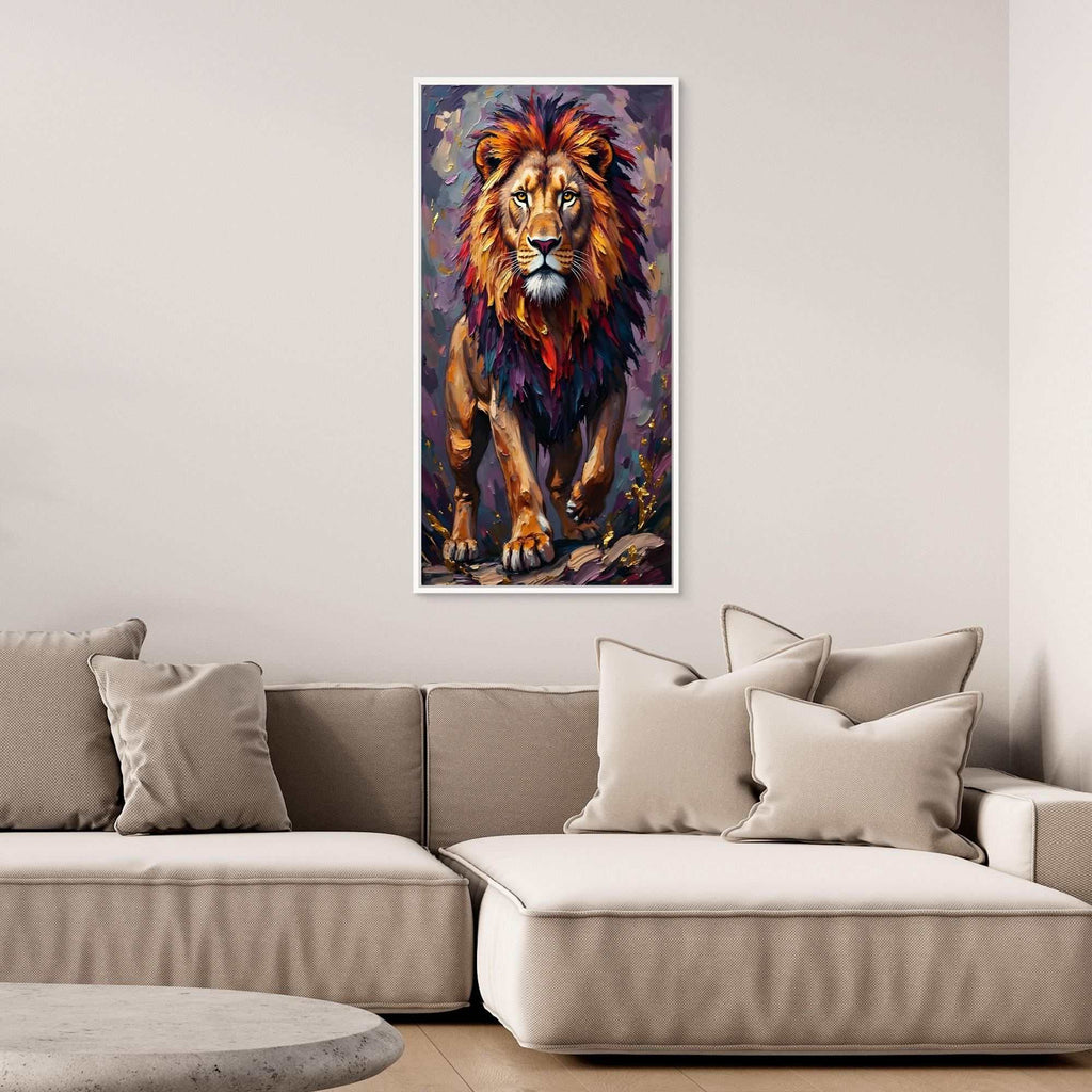 Lion Proud Oil Style canvas wall art featuring a vibrant lion portrait in warm ochre, amber, and purple tones with a detailed mane