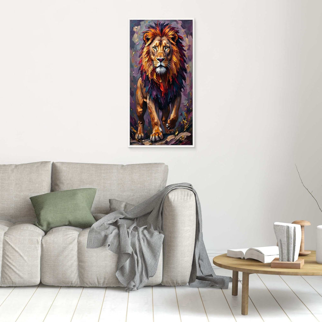 Lion Proud Oil Style canvas wall art featuring a vibrant painted lion in warm ochre and amber tones with a dynamic brushstroke pattern