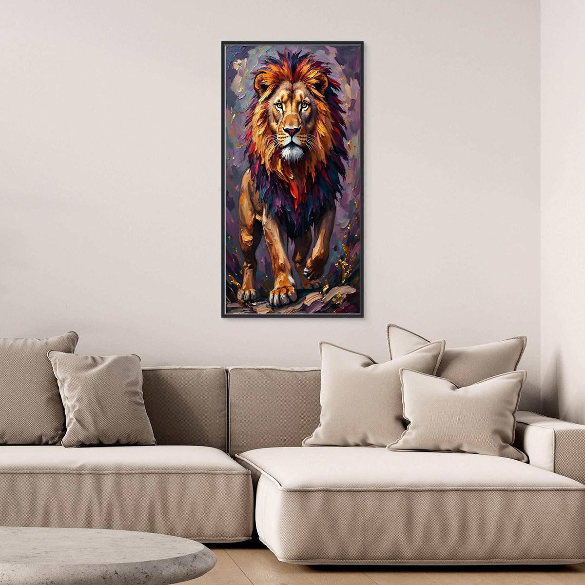 Lion Proud Oil Style canvas wall art featuring a vivid lion portrait in warm ochre, amber, and purple oil paint tones