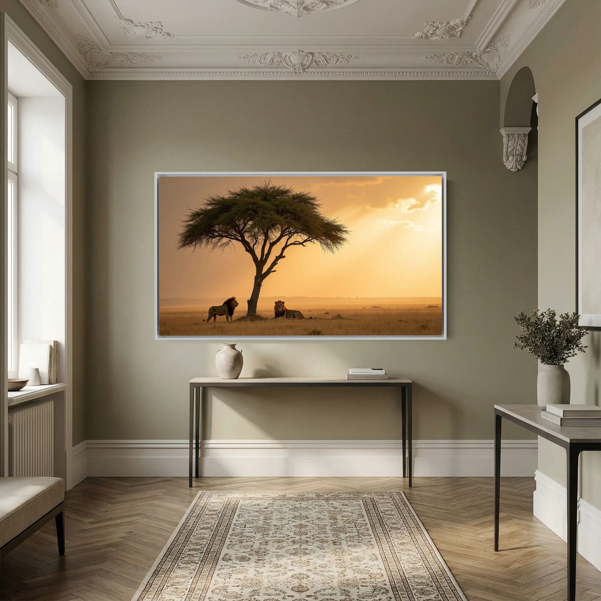 Lion Safari Wall Canvas depicting two lions resting under a large acacia tree at sunset with warm golden tones