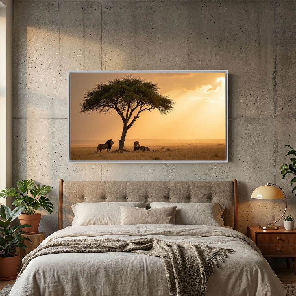 Lion Safari Wall Canvas featuring a serene sunset scene with lions resting under a solitary acacia tree in warm golden hues