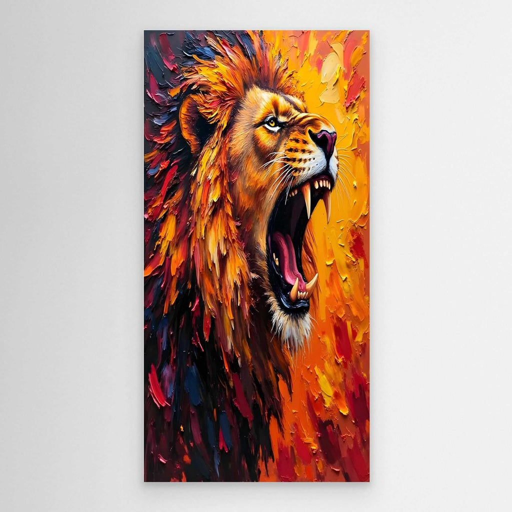 Lion's Roar bold oil style canvas painting of a roaring lion with vibrant orange ochre and brown textured brush strokes