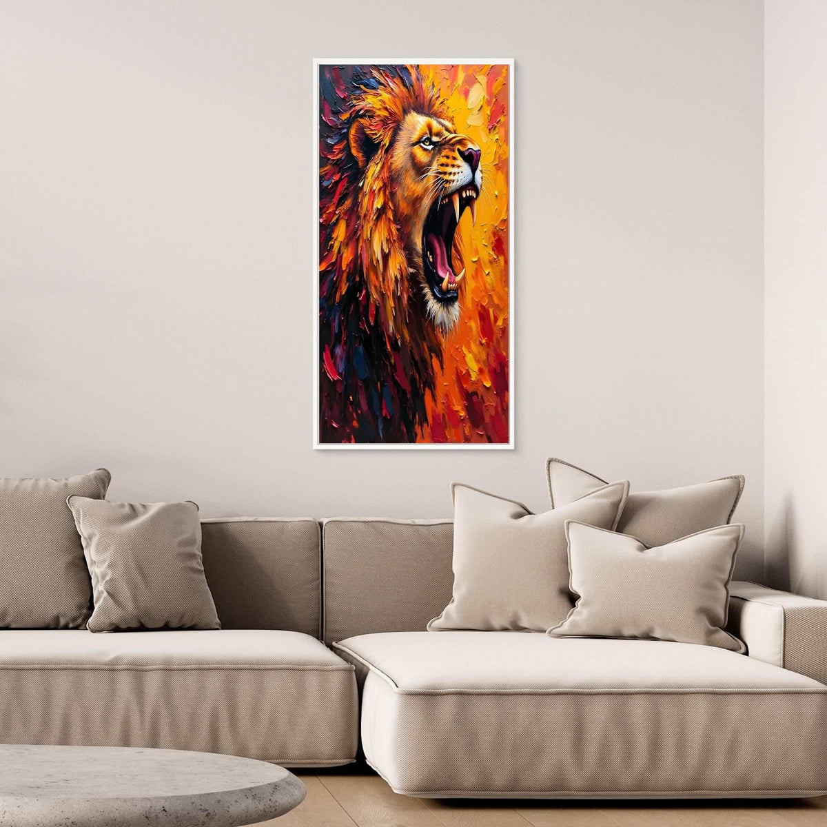 Lion's Roar vibrant oil style canvas featuring a roaring lion in orange, ochre, and brown hues with dynamic brush strokes