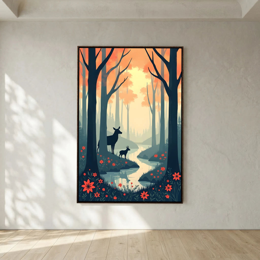 Dark Forest Scene With Deer Abstract Print