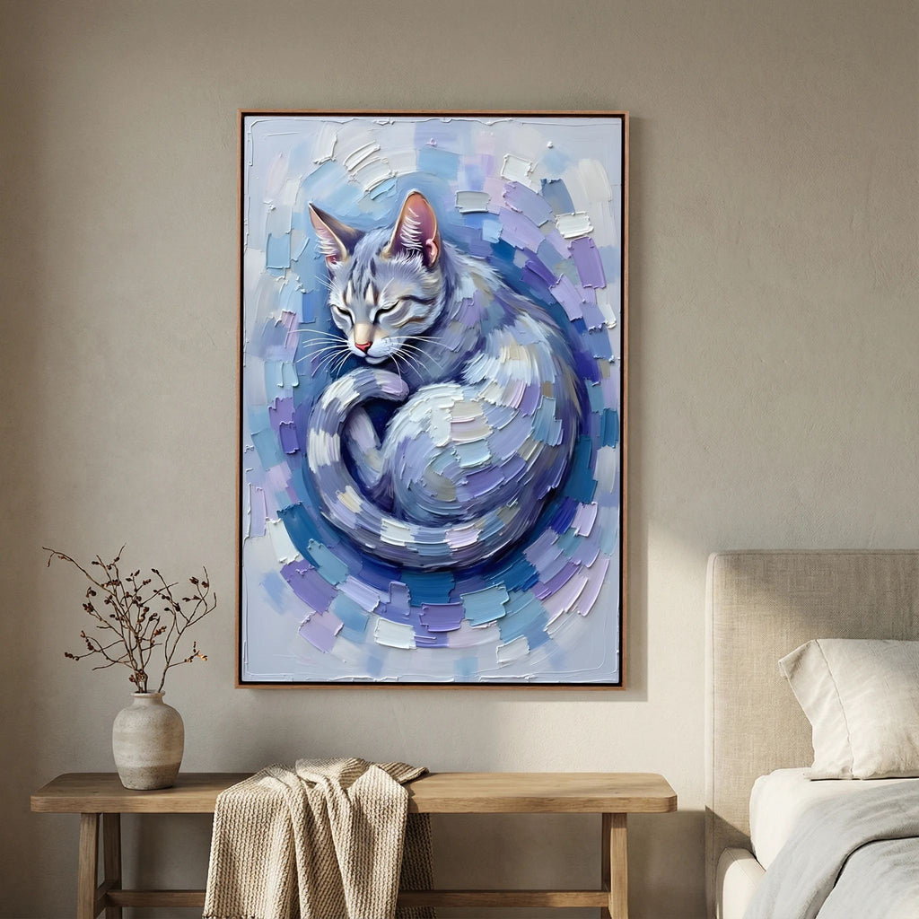 Patel Blue Domestic Cat Oil Style Canvas Minimalist Decor