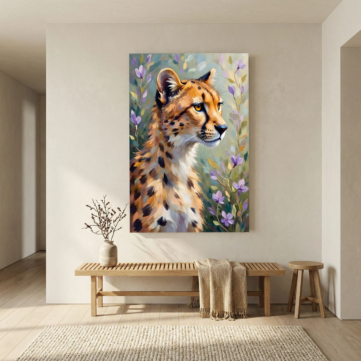 Delicate Oil Style Cheetah In Flowers Canvas Minimalist Wall Decor