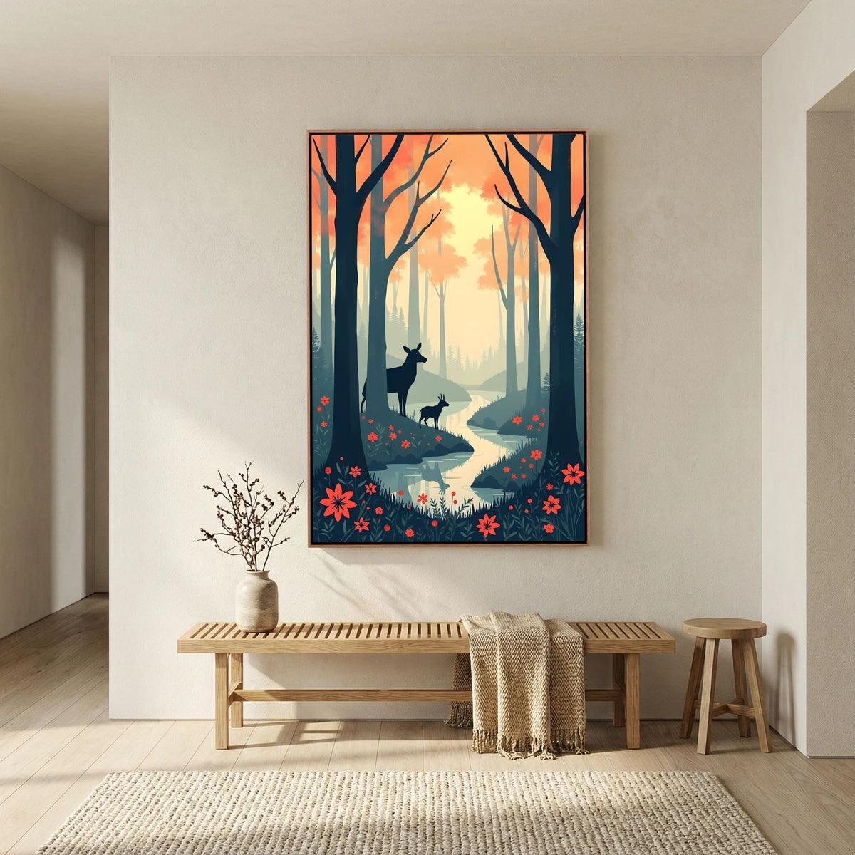 Dark Forest Scene With Deer Abstract Print