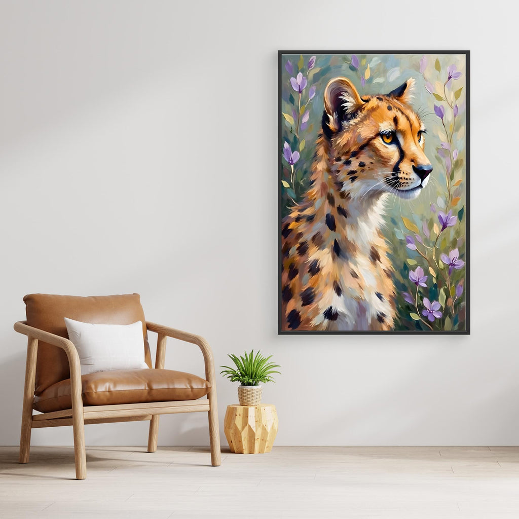 Delicate Oil Style Cheetah In Flowers Canvas Minimalist Wall Decor