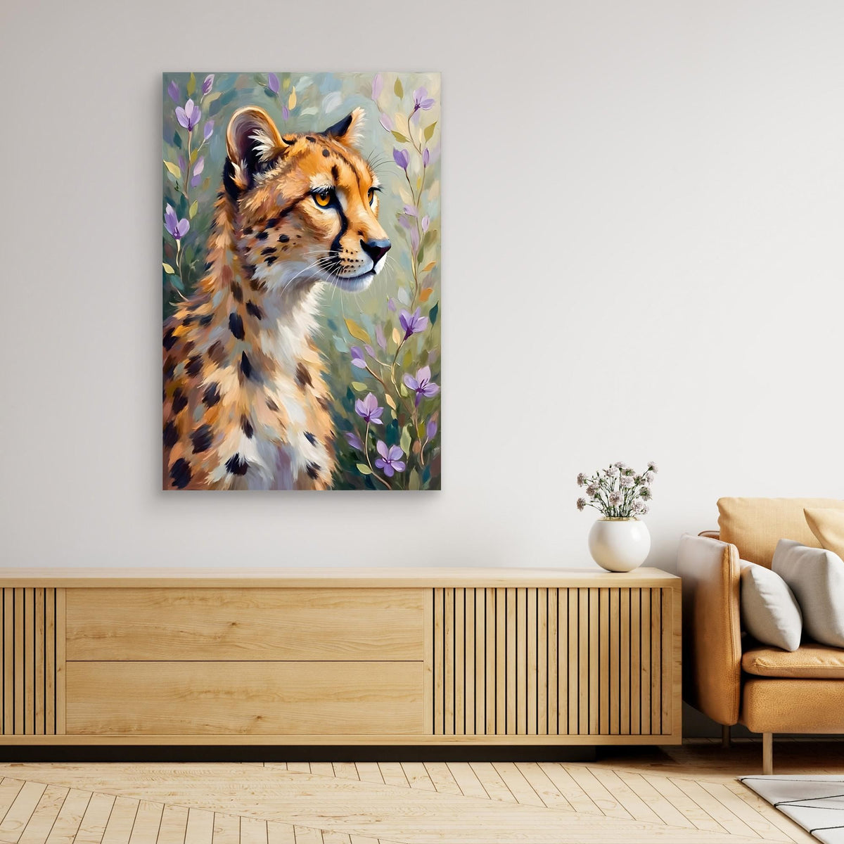Delicate Oil Style Cheetah In Flowers Canvas Minimalist Wall Decor