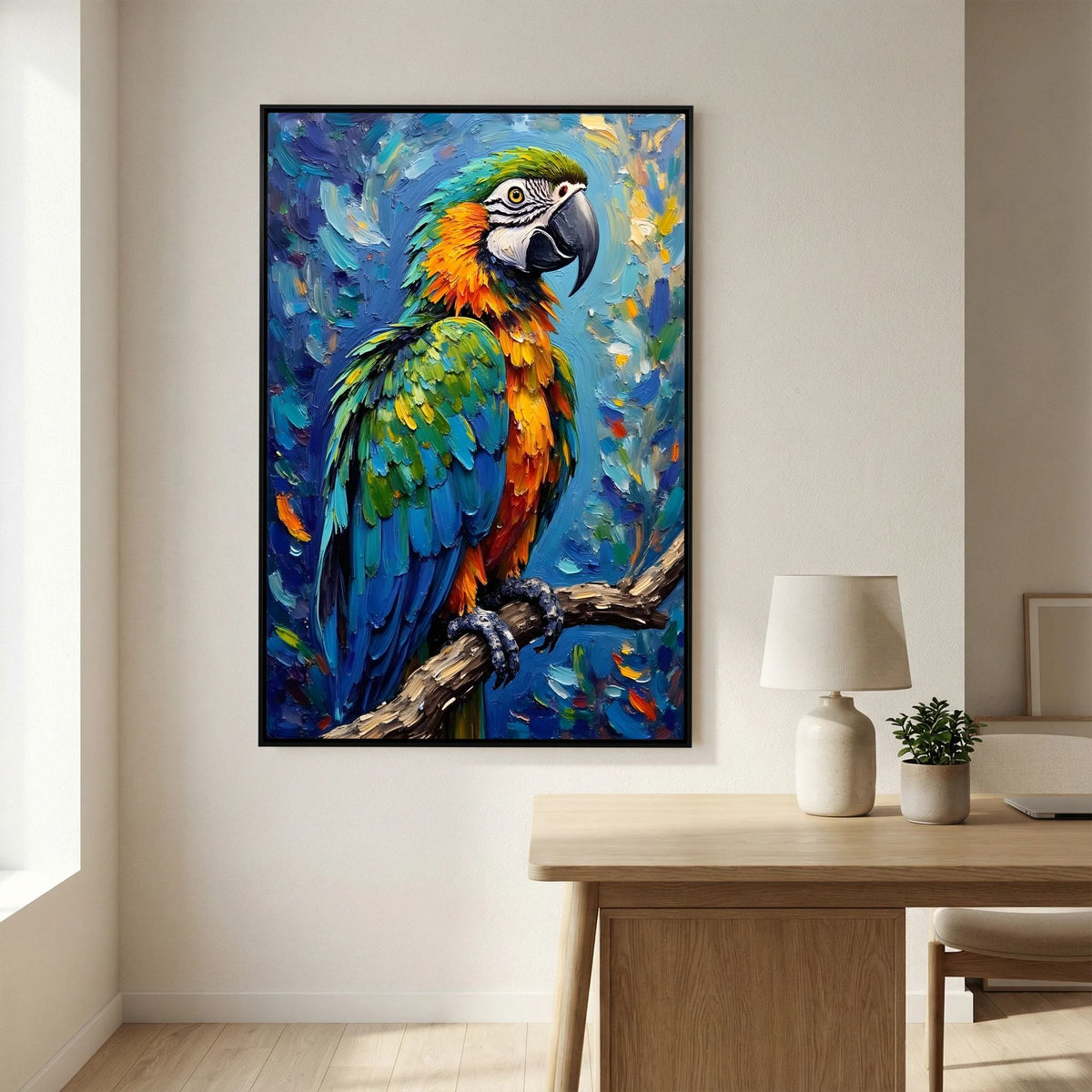 Electric Blue Macaw Oil Style Canvas Minimalist Wall Decor