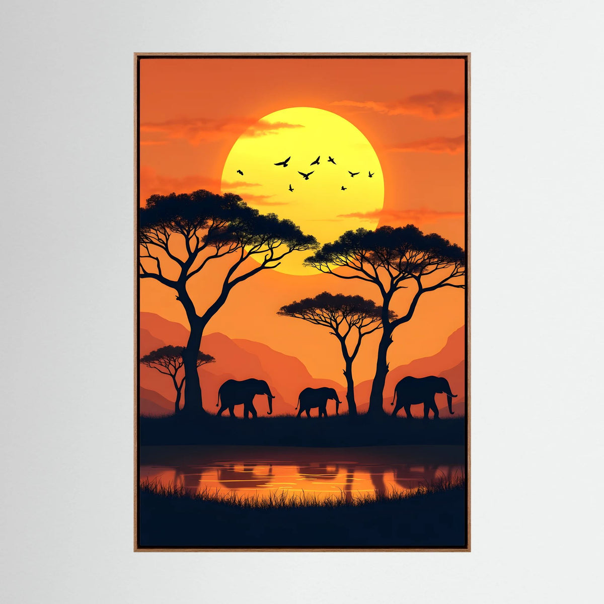 Elephants At The Watering Hole At Sundown Wall Art