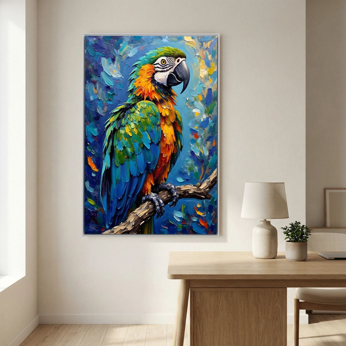 Electric Blue Macaw Oil Style Canvas Minimalist Wall Decor