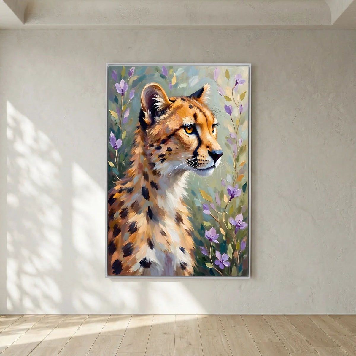 Delicate Oil Style Cheetah In Flowers Canvas Minimalist Wall Decor