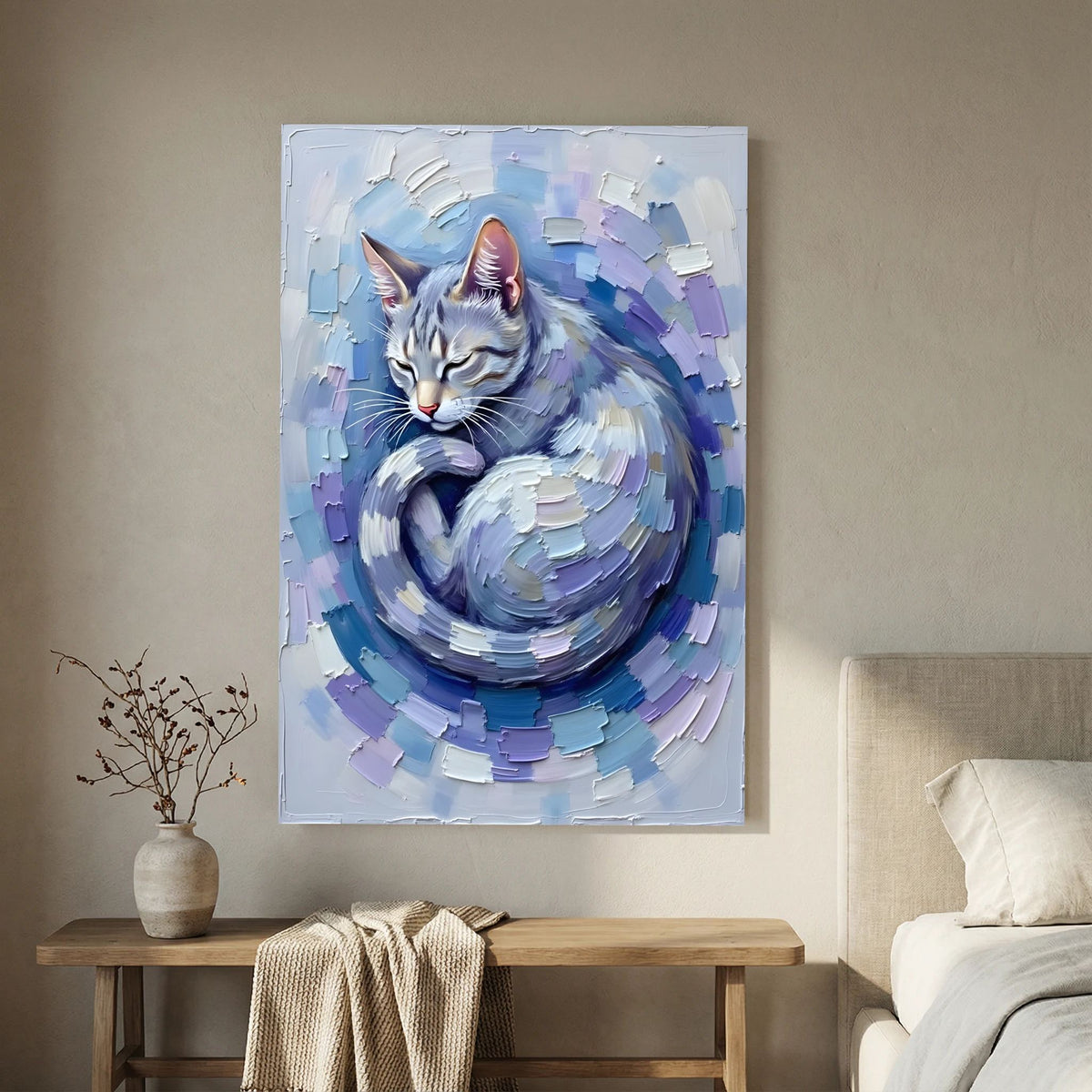 Patel Blue Domestic Cat Oil Style Canvas Minimalist Decor