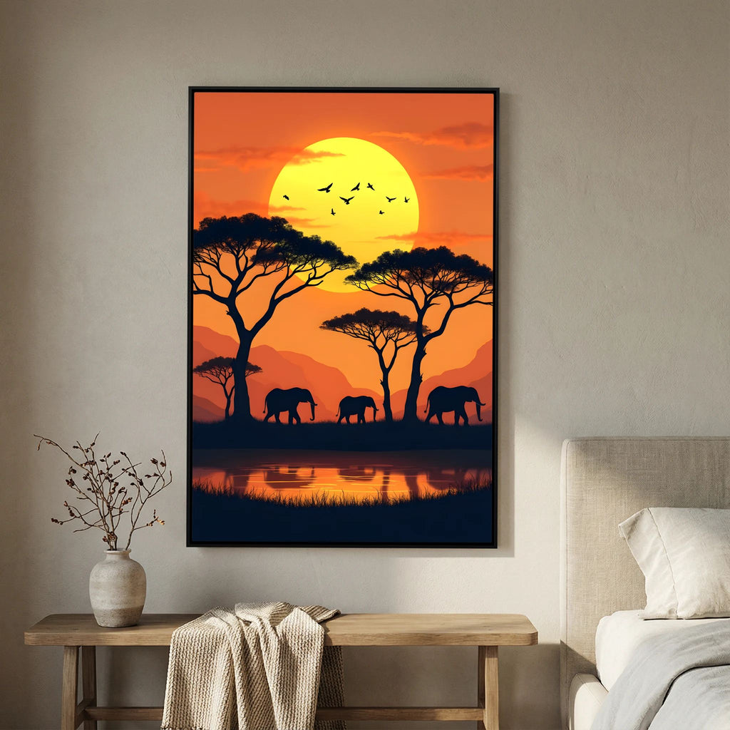 Elephants At The Watering Hole At Sundown Wall Art