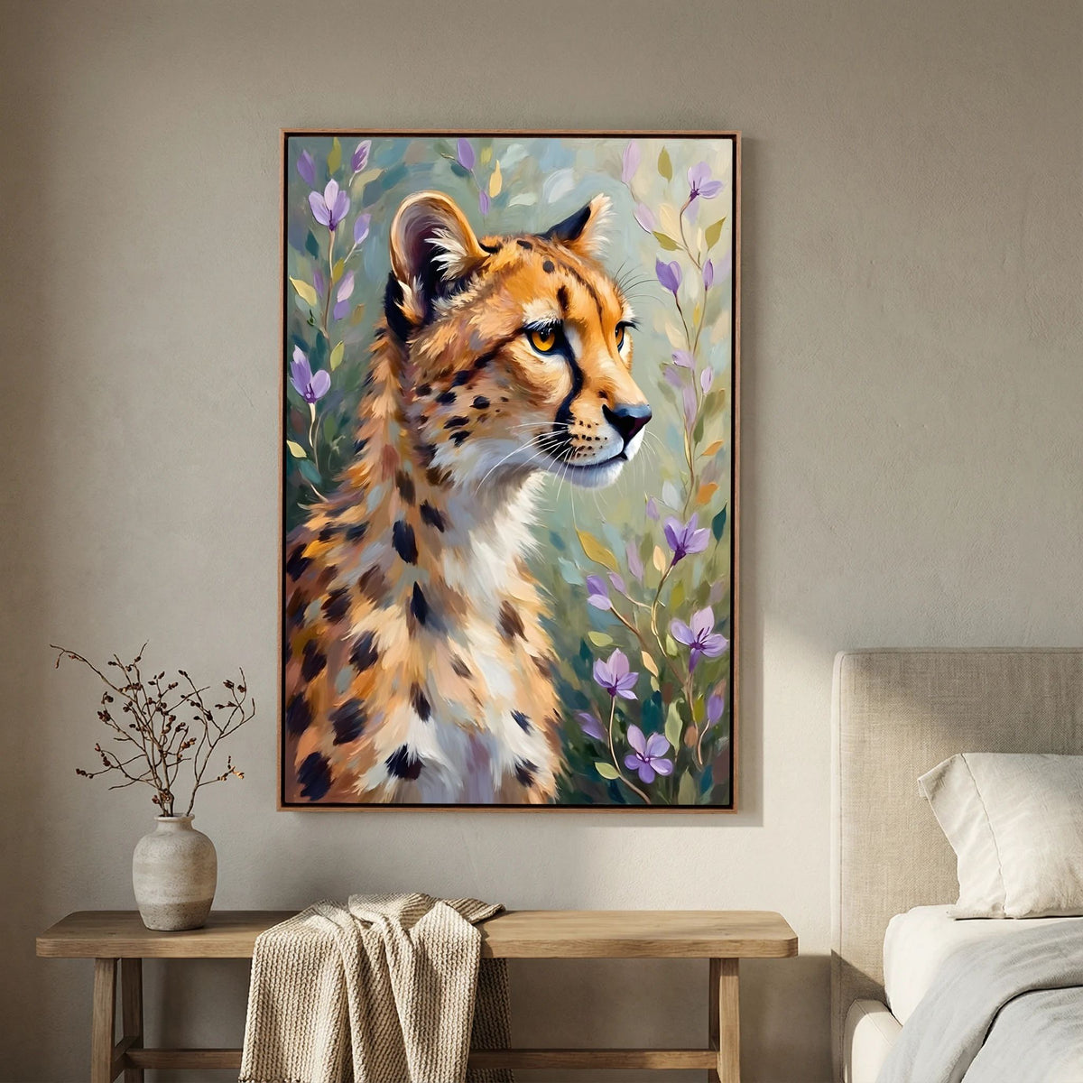 Delicate Oil Style Cheetah In Flowers Canvas Minimalist Wall Decor