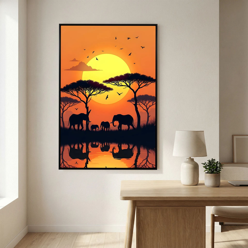 Elephants At Sunset Canvas Wall art