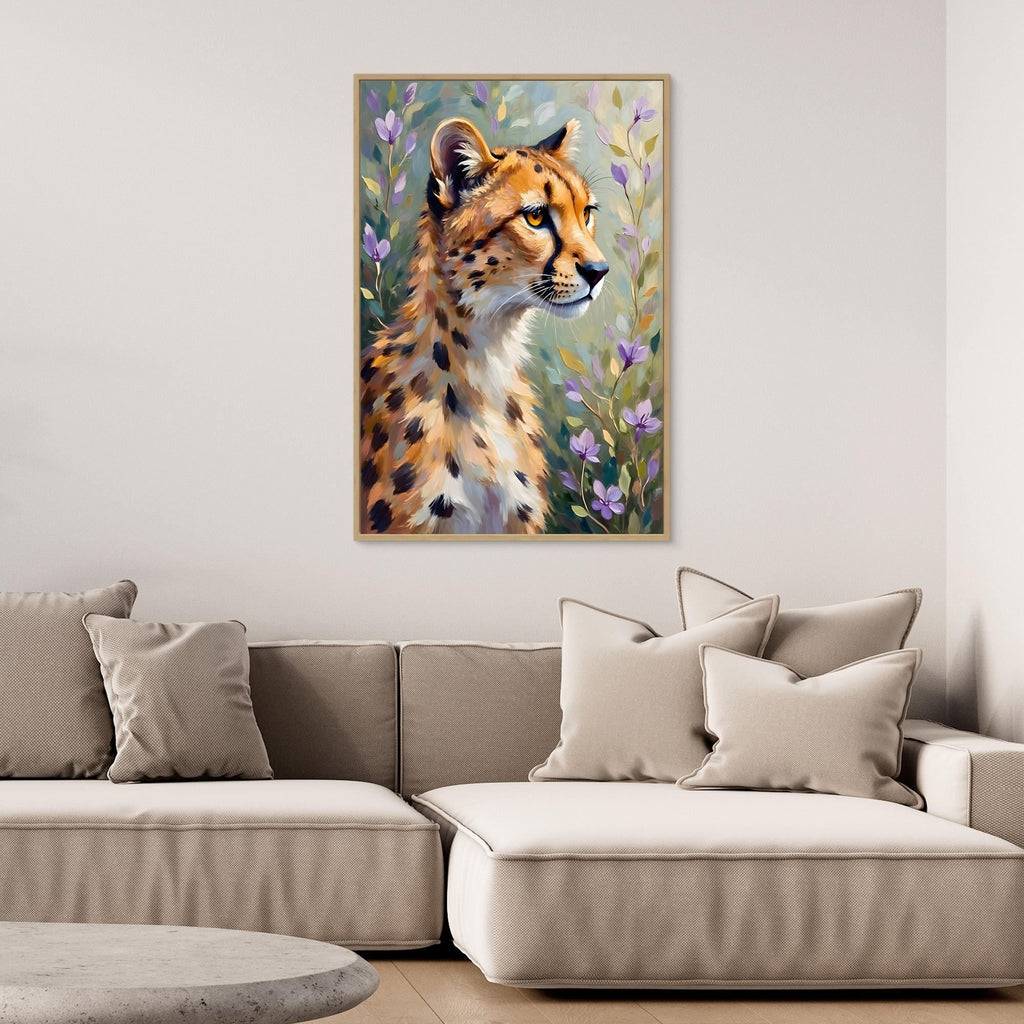 Delicate Oil Style Cheetah In Flowers Canvas Minimalist Wall Decor