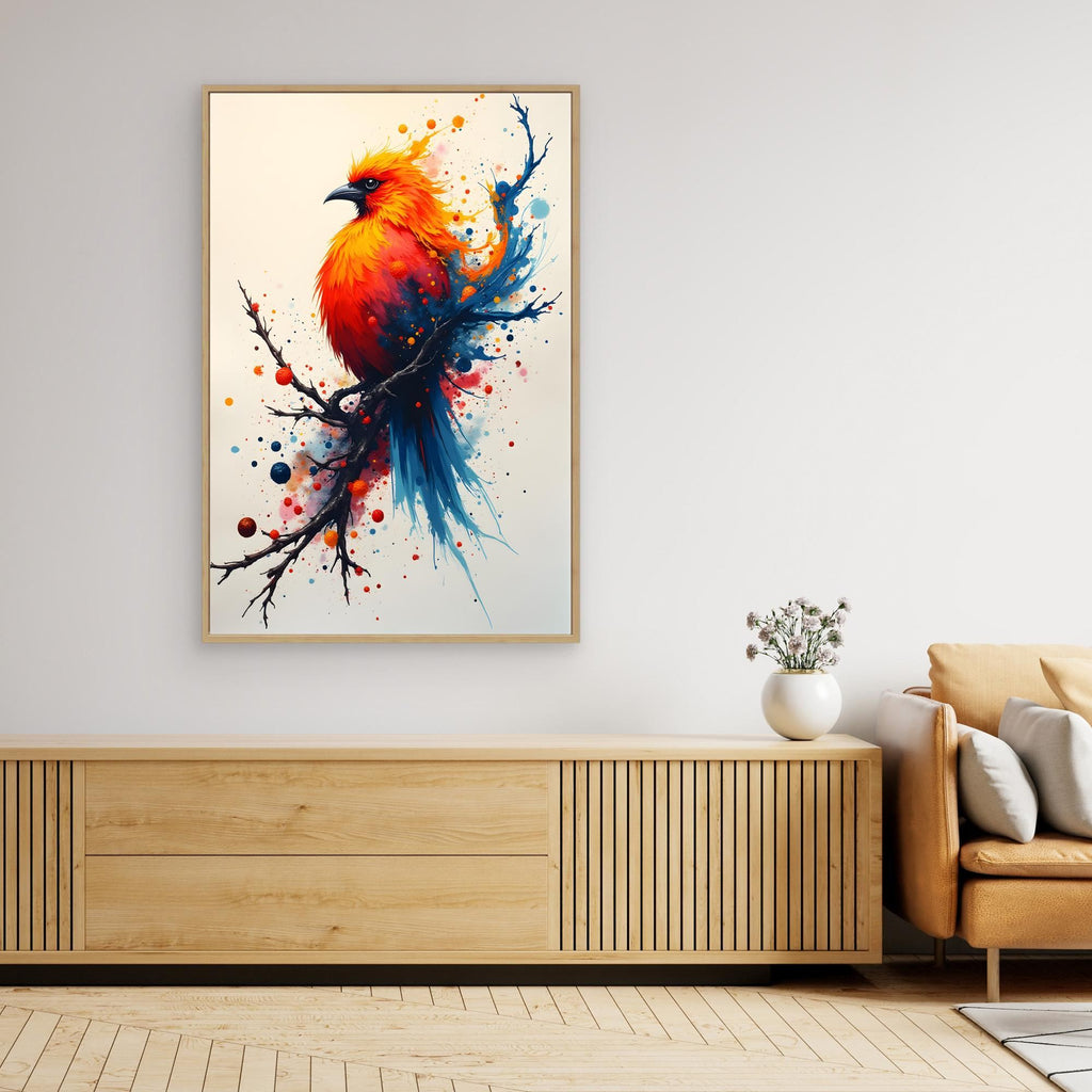 Vibrant Bird On A Branch Minimalist Ink Style Canvas
