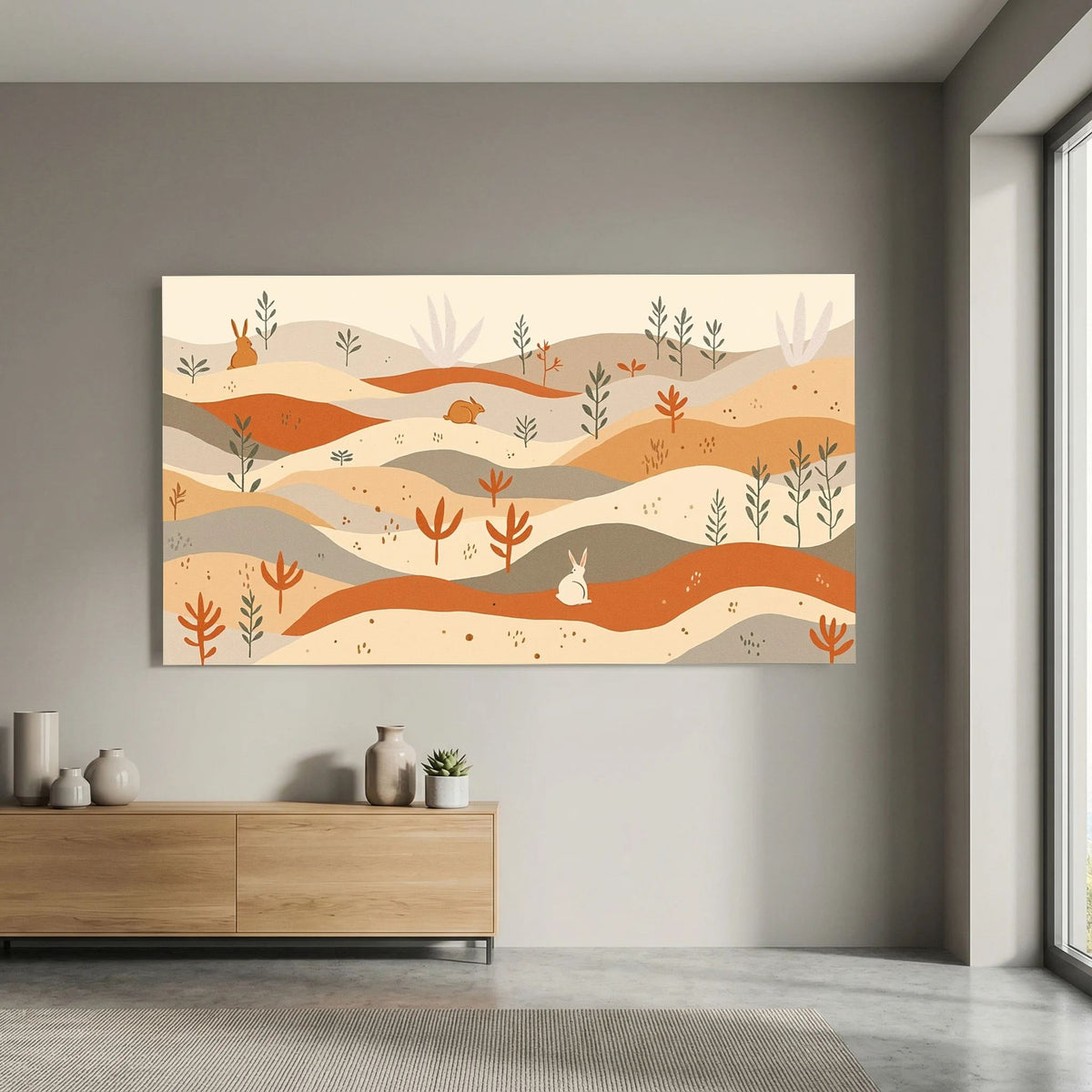 Rabbits On The Pastures Wall Canvas