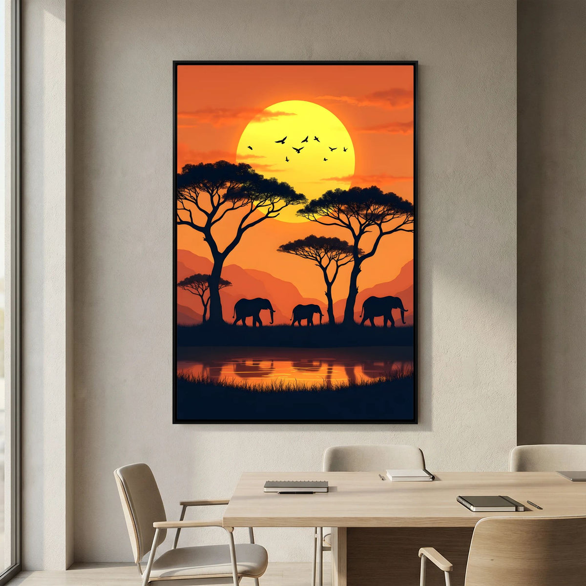 Elephants At The Watering Hole At Sundown Wall Art