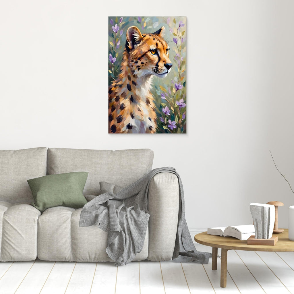 Delicate Oil Style Cheetah In Flowers Canvas Minimalist Wall Decor