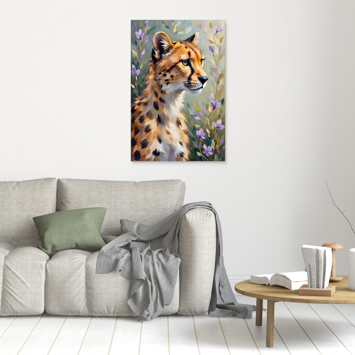Delicate Oil Style Cheetah In Flowers Canvas Minimalist Wall Decor