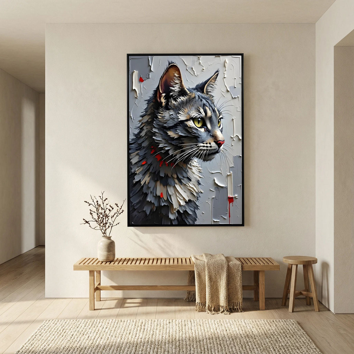 Statement Oil Style Domestic Gray Cat Minimalist Wall Canvas