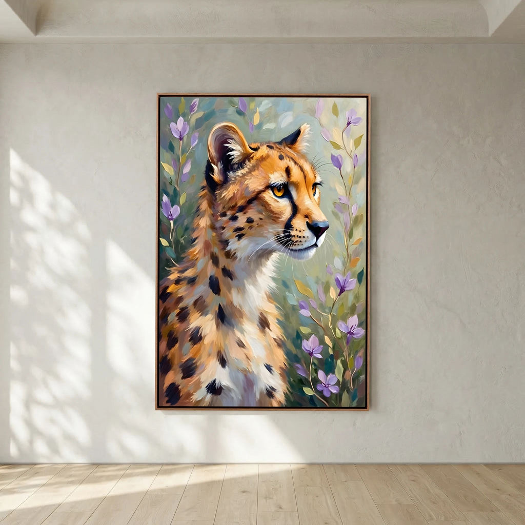 Delicate Oil Style Cheetah In Flowers Canvas Minimalist Wall Decor