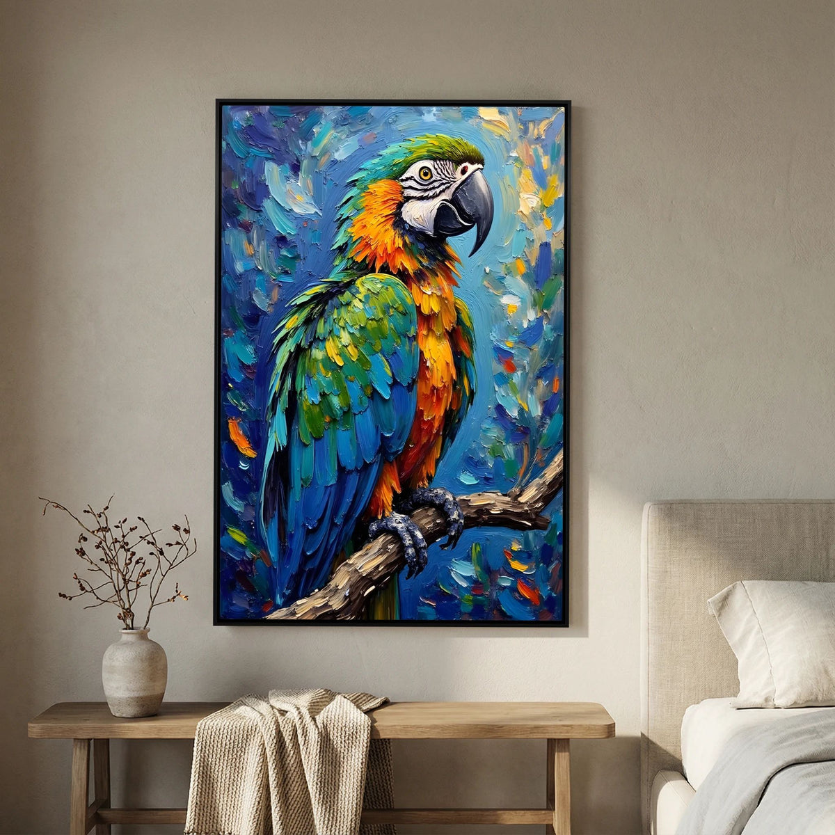 Electric Blue Macaw Oil Style Canvas Minimalist Wall Decor