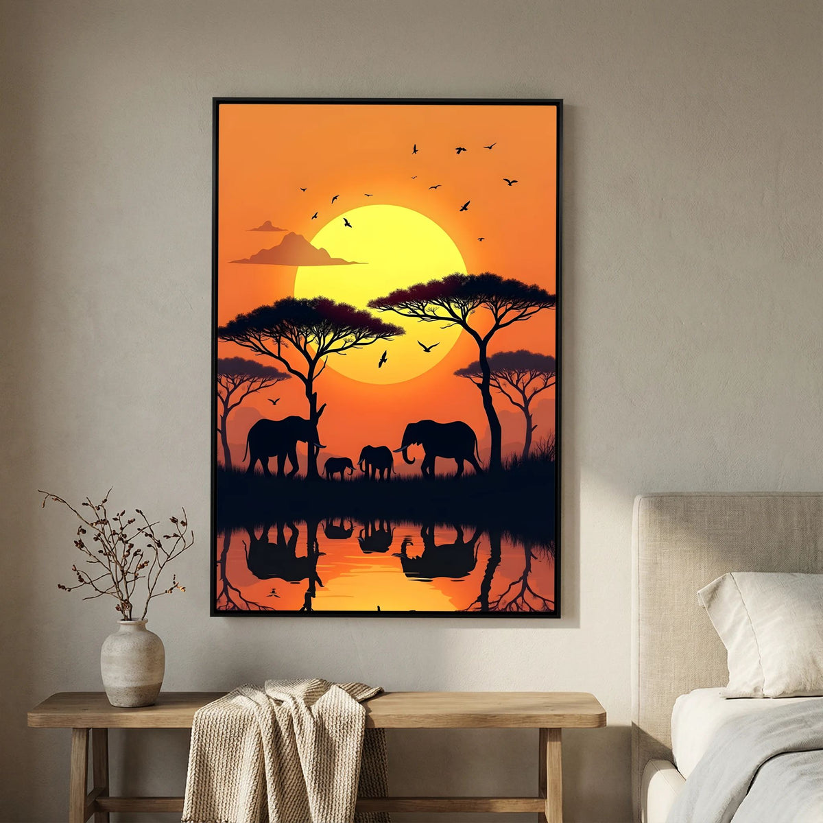 Elephants At Sunset Canvas Wall art