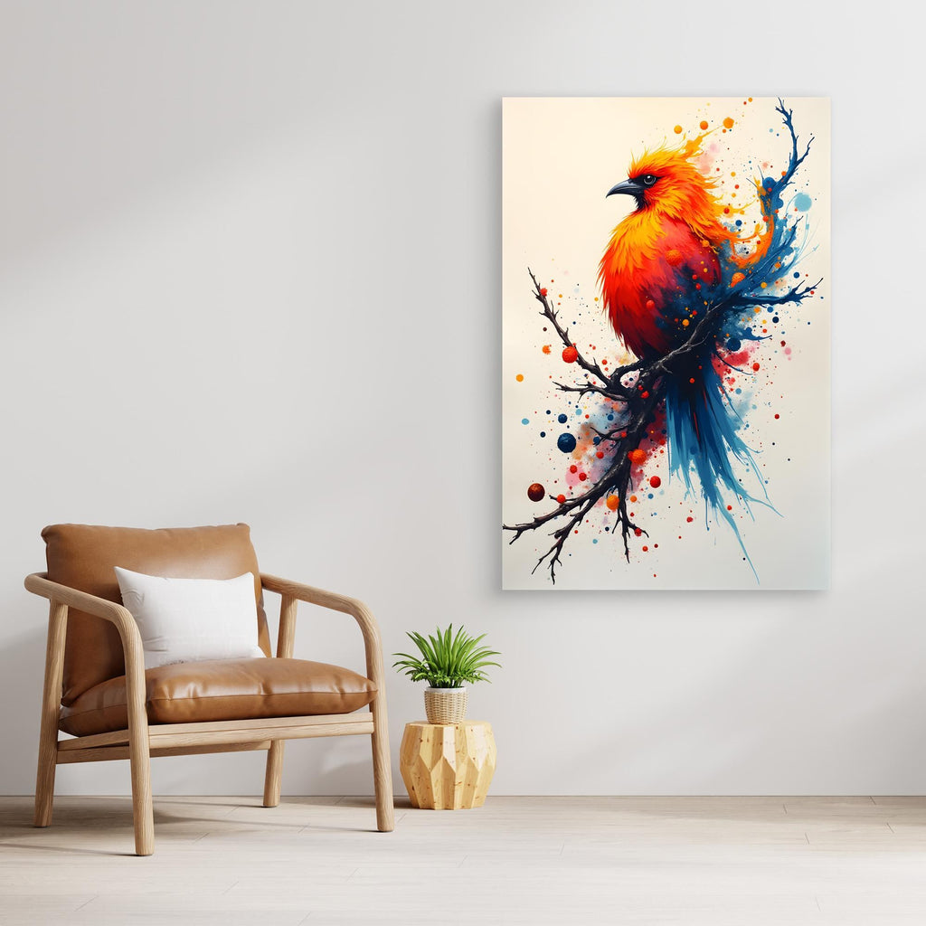 Vibrant Bird On A Branch Minimalist Ink Style Canvas