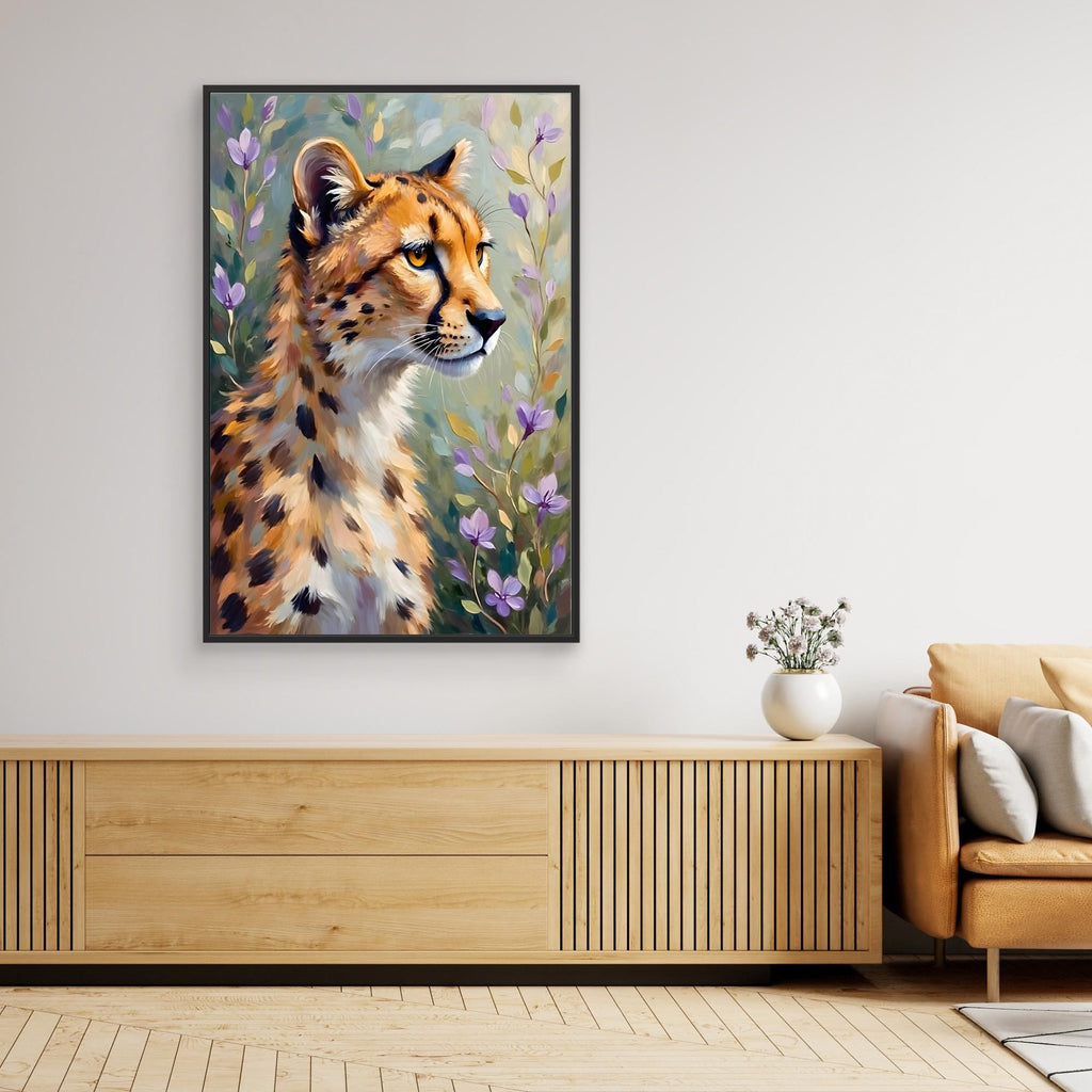 Delicate Oil Style Cheetah In Flowers Canvas Minimalist Wall Decor